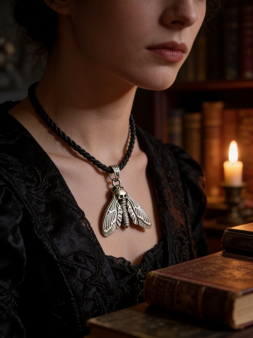 Unisex Skull Moth Necklace, Death's Head Moth, Gothic Jewelry 22”